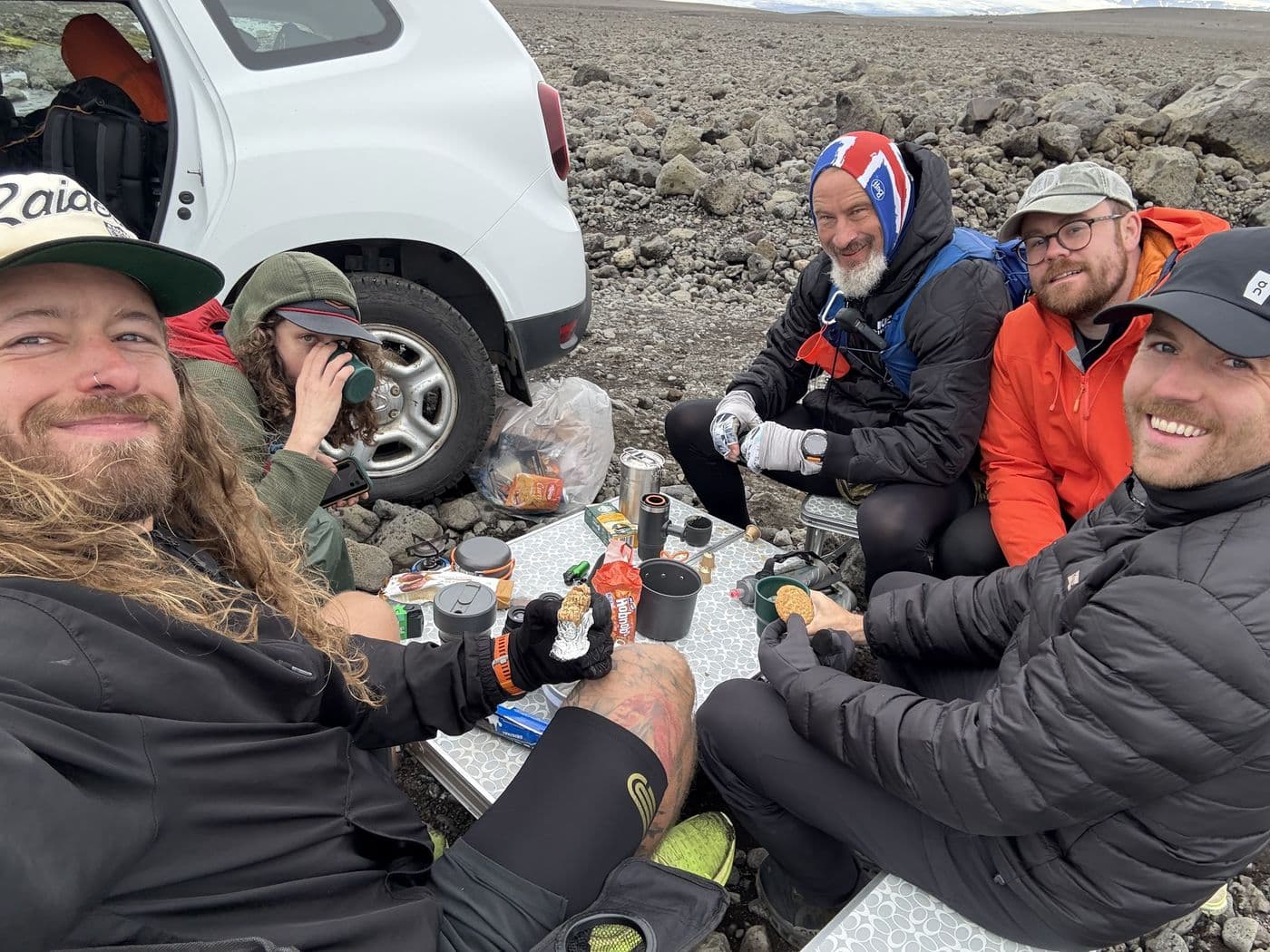 Crew sharing food at the trucks