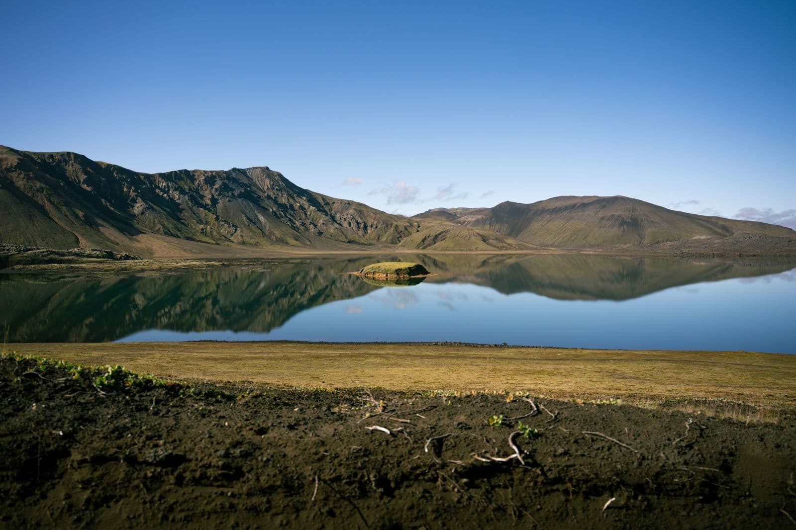 A still highland lake under blue sky